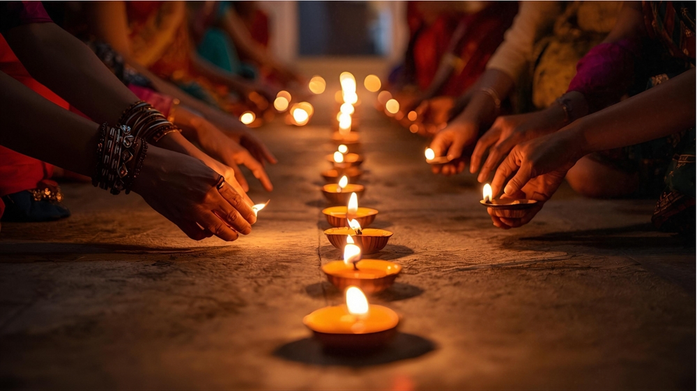 A diya with a lit flame